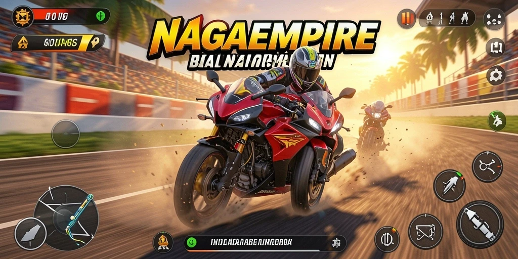 Tampilan gameplay NAGAEMPIRE dengan aksi balap motor yang seru.
