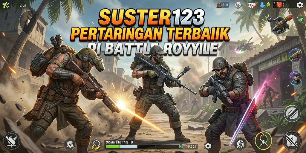 Screenshot utama SUSTER123 menampilkan aksi Battle Royale yang mendebarkan.